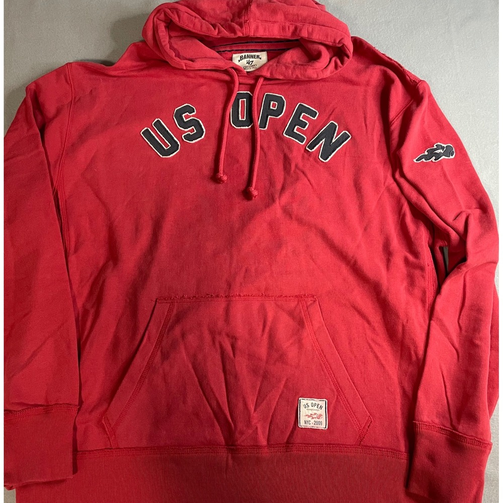 VTG Banner47 US Open 2009 NYC Tennis Hoodie Mens XXL Red Cotton Sweatshirt